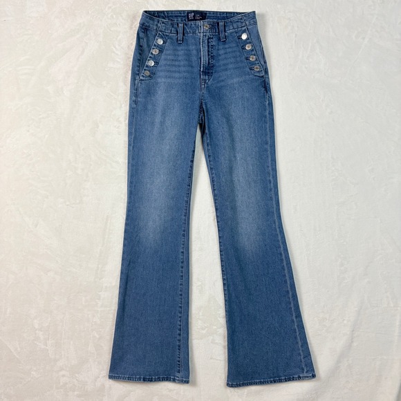 GAP Denim - Gap High Rise Flare Jeans Women 4/27R Blue Excellent Sailor Button Detail
